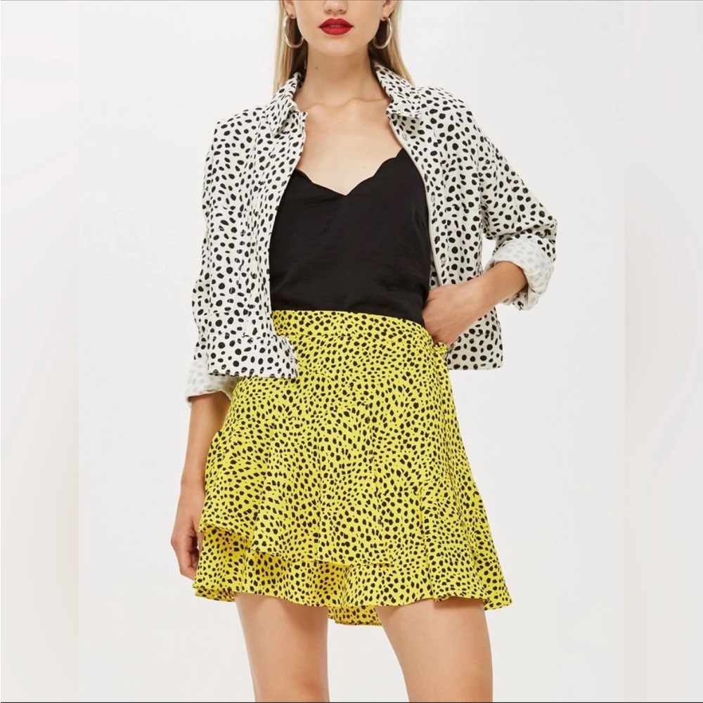 Topshop Yellow Side Tie Spotted Animal Print Ruffle Mini Skirt Size 10